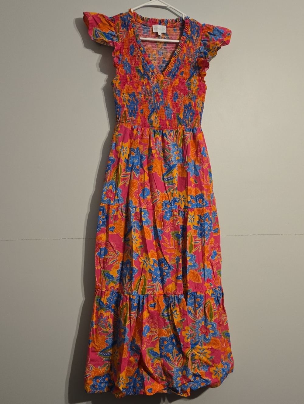 Sugarlips Pink & Orange Floral Smocked Tieres Maxi Dress with Pockets